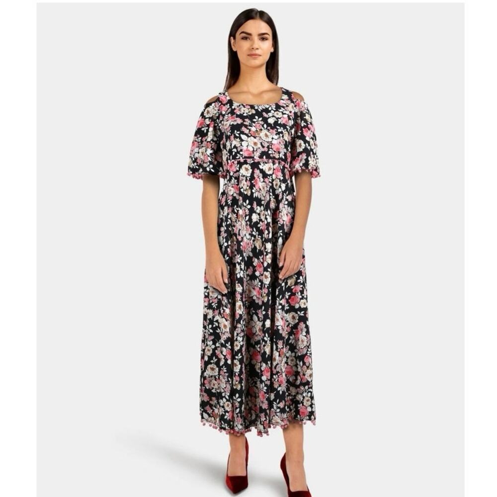 Floral Cold Shoulder Pom Trim Maxi Dress Boho Cottagecore Size Large Beachy